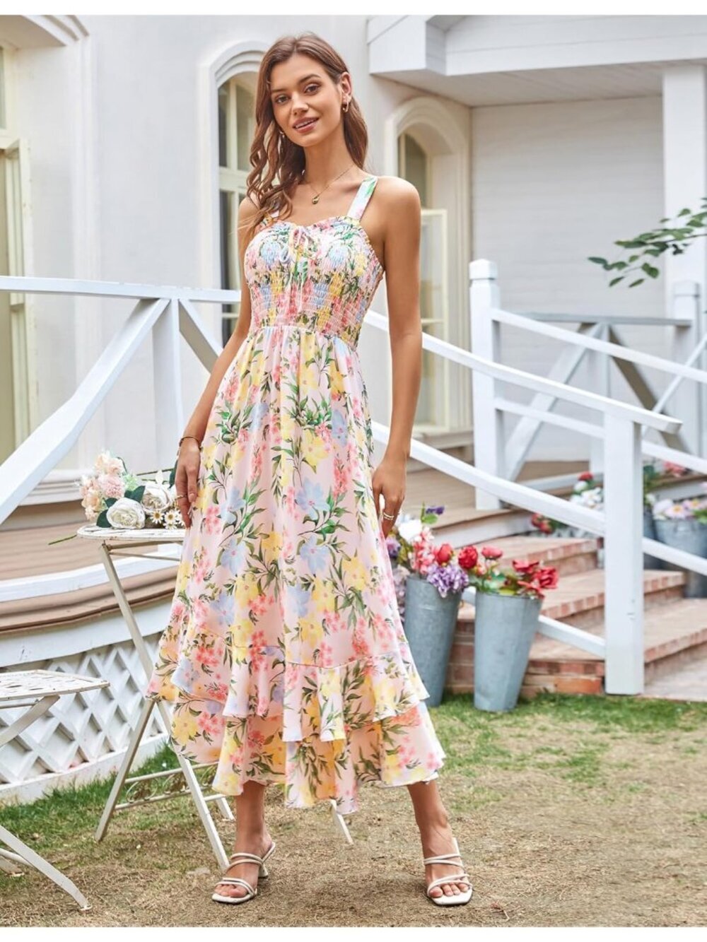 〽️Women's Blue Yellow Square Neck Strapped A LINE Floral Boho Long Maxi Dress